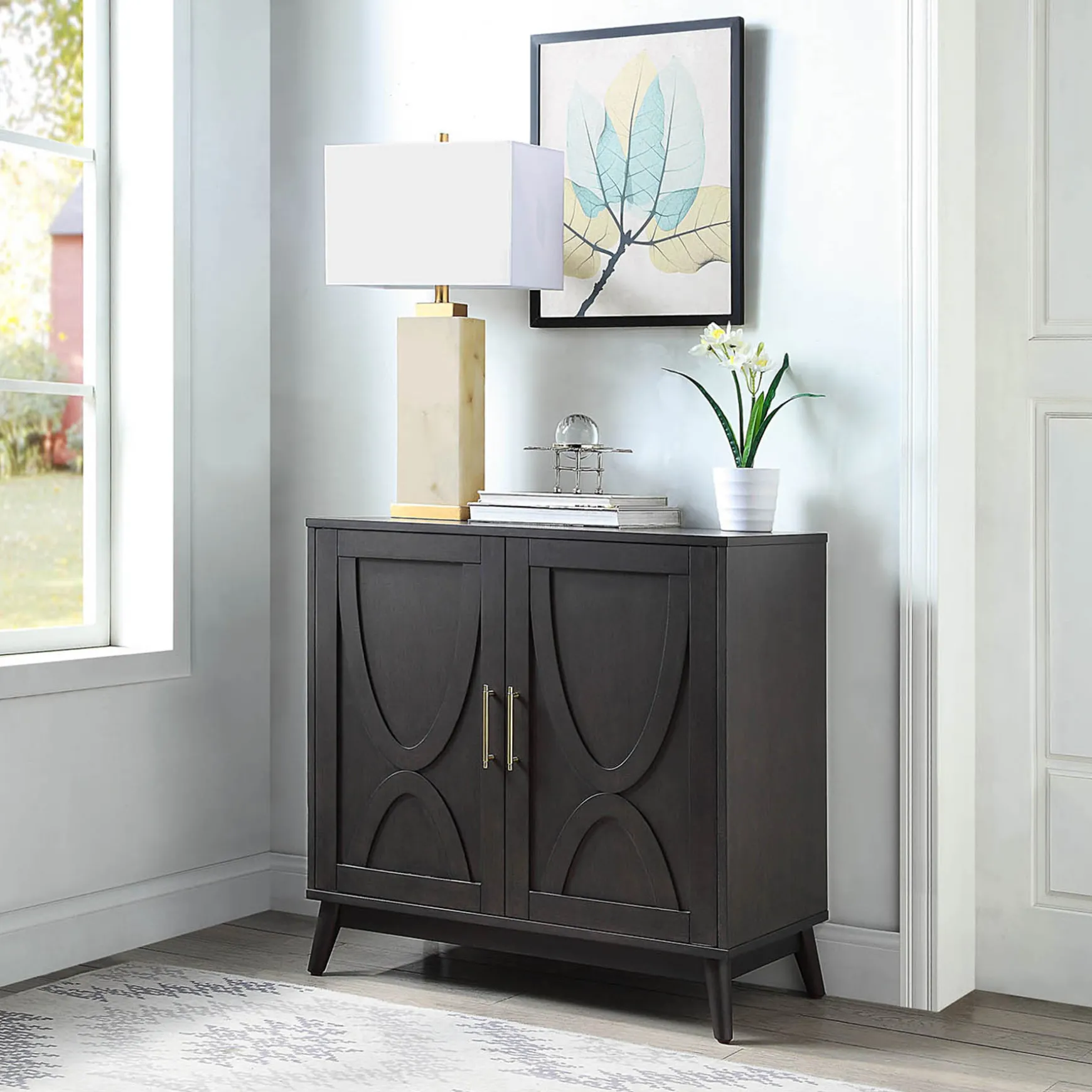 Ezra 2-Door Dark Brown Cabinet With Gold Handle Opening Sales