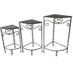 Fan Shaped Wood Top Plant Stand With Rustic Double Tube Metal Leg, Large Promotion