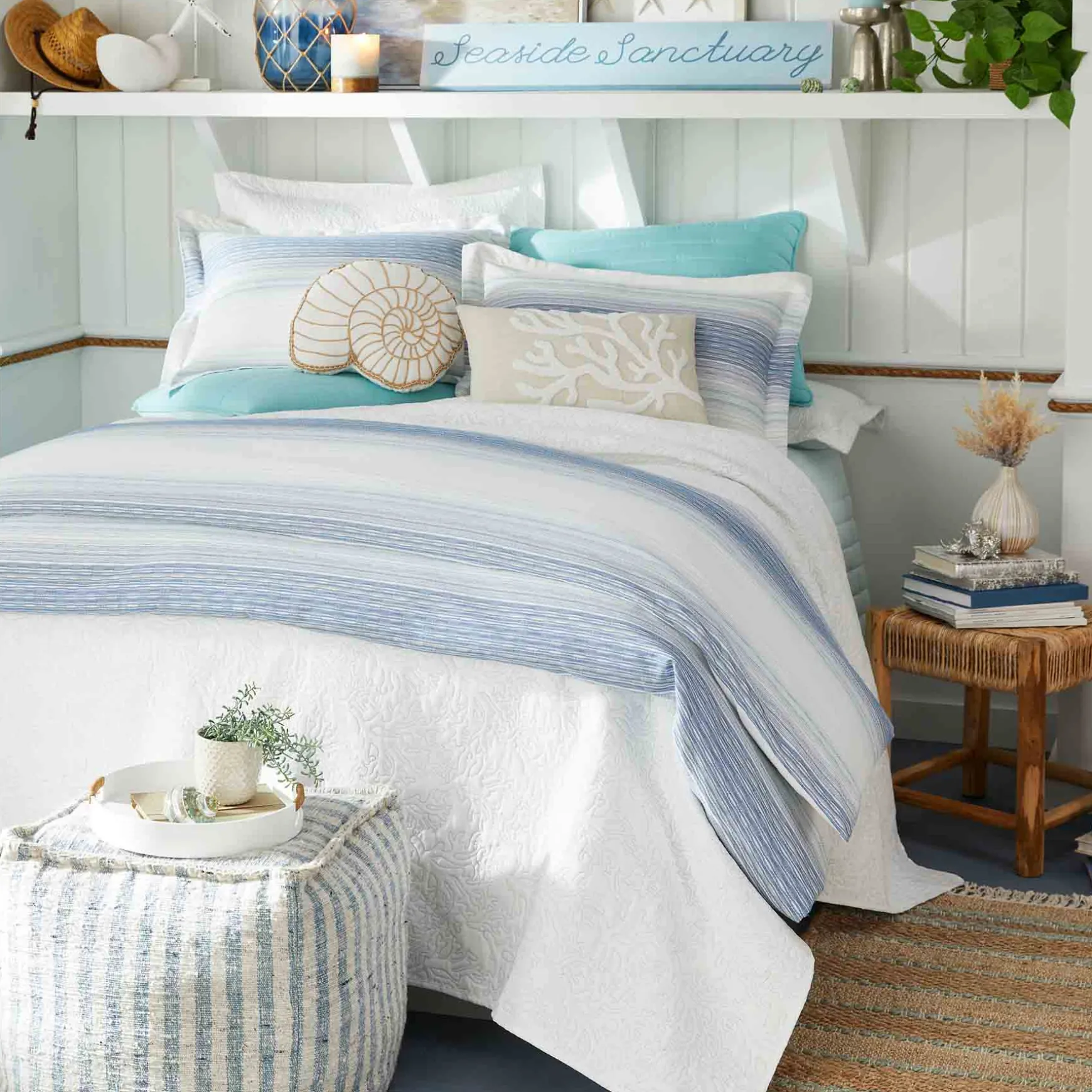 Ty Pennington Lex Blue Striped Square Pouf, 16 Less Expensive